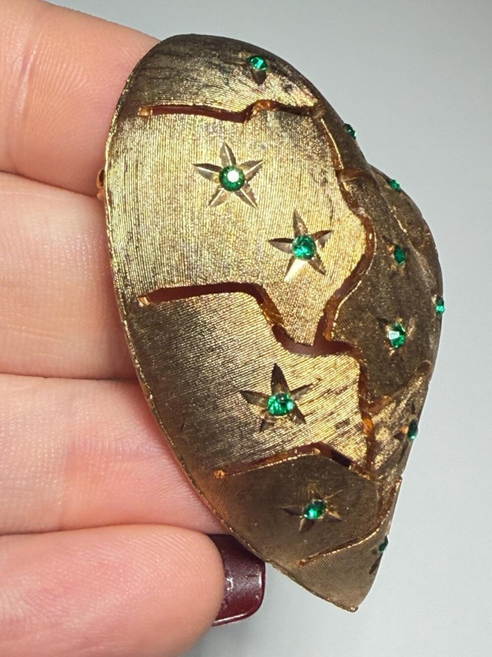 Puffed Heart Brooch Signed JJ Green Rhinestones Vintage - Picture 7 of 8